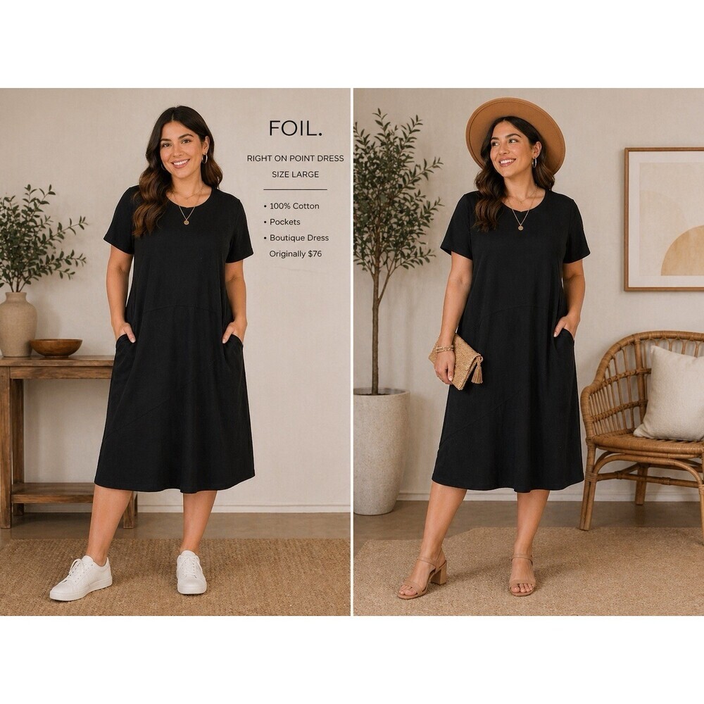 Foil Right On Point Dress L Black 100% Cotton NWT Midi Pockets Boutique